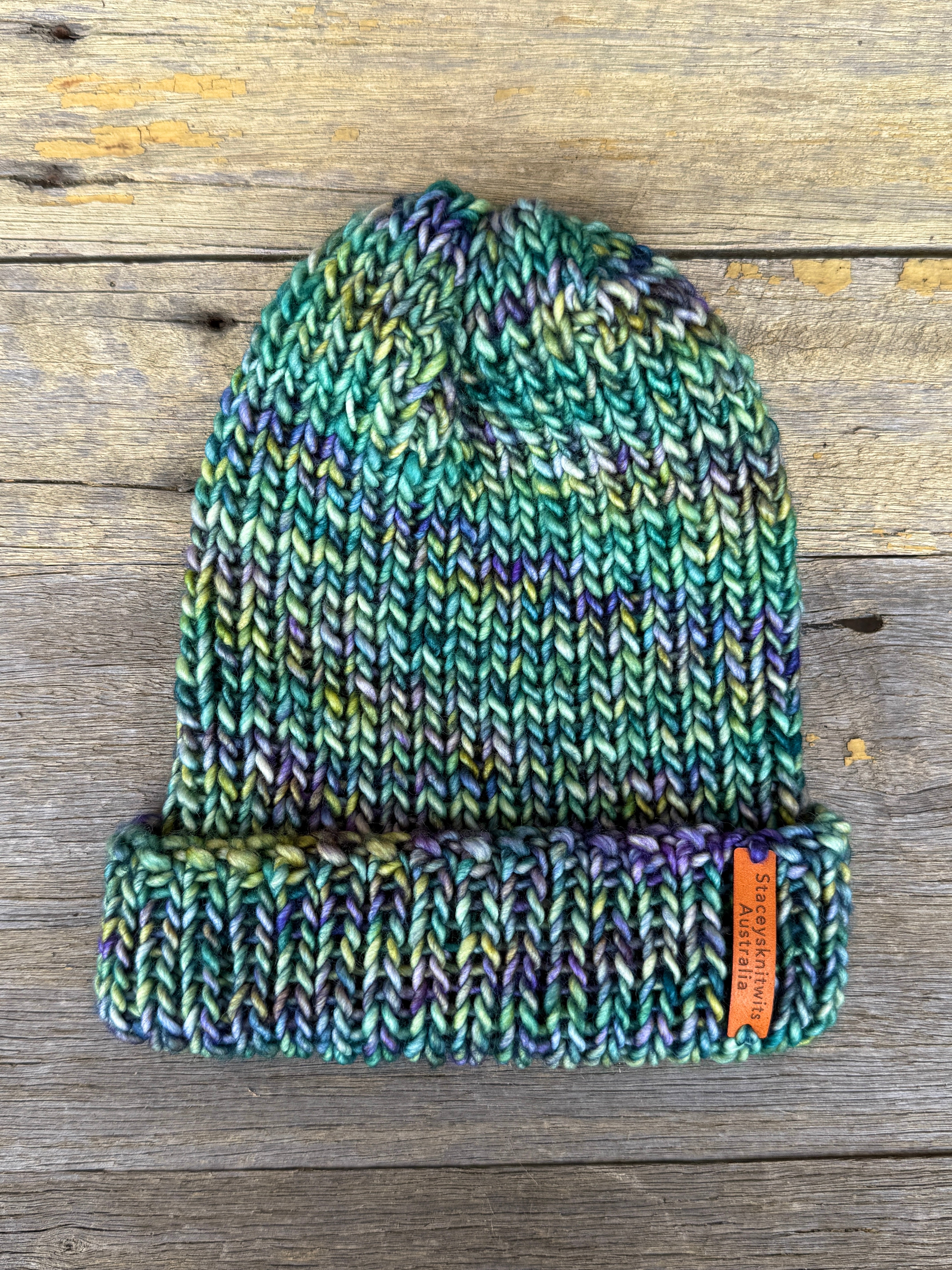 Unisex merino beanie, Blue Green flecked hand knitted beanie