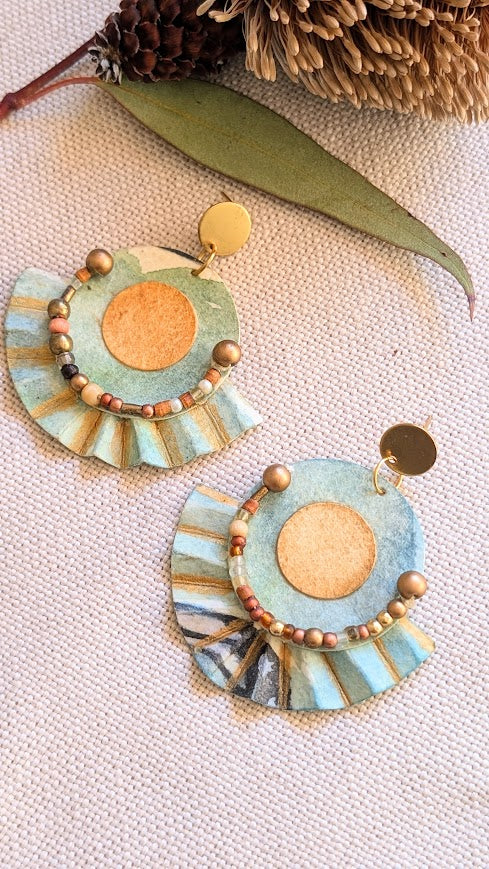 Sustainable Statement Earrings – Handcrafted Paper Fan with Beaded Detail