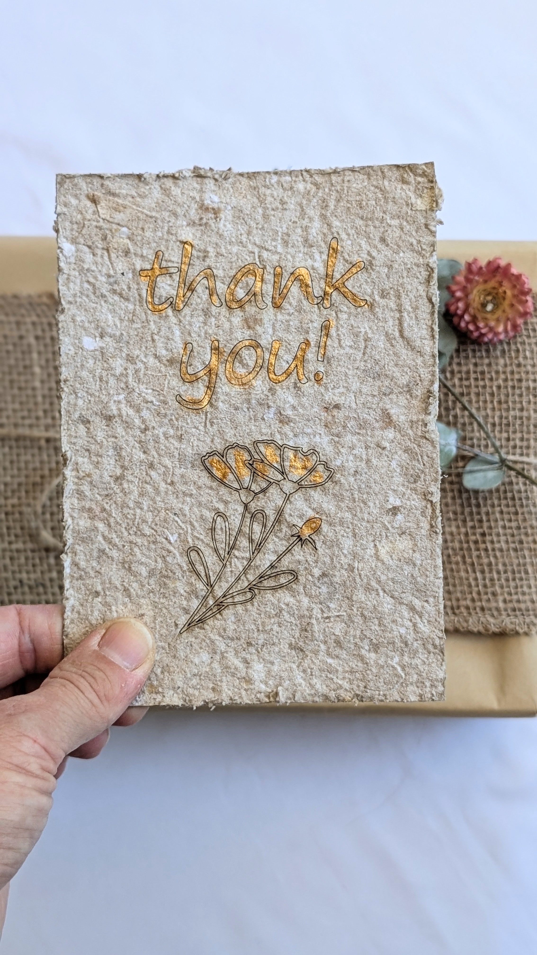 Handmade Recycled Paper Thank You Cards – Set of 5 | Engraved Botanical Keepsake Cards