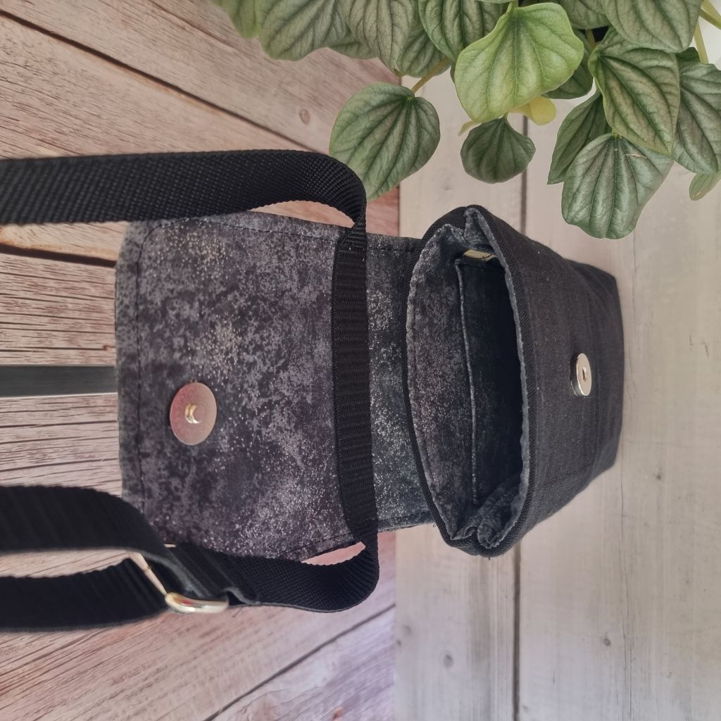 Upcycled medium phone messenger bag - black denim & textured filigree fabric