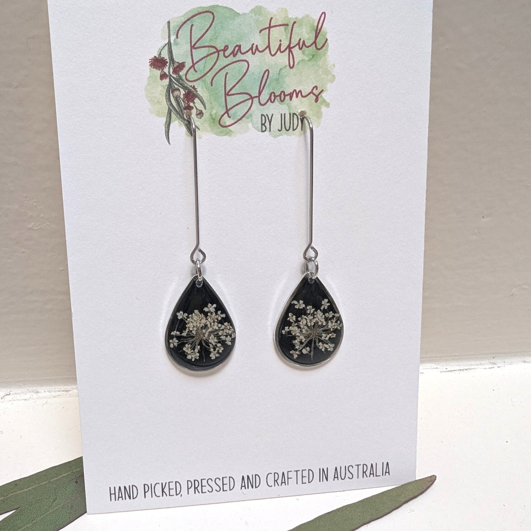 Long black teardrop earrings, Queen Anne's Lace