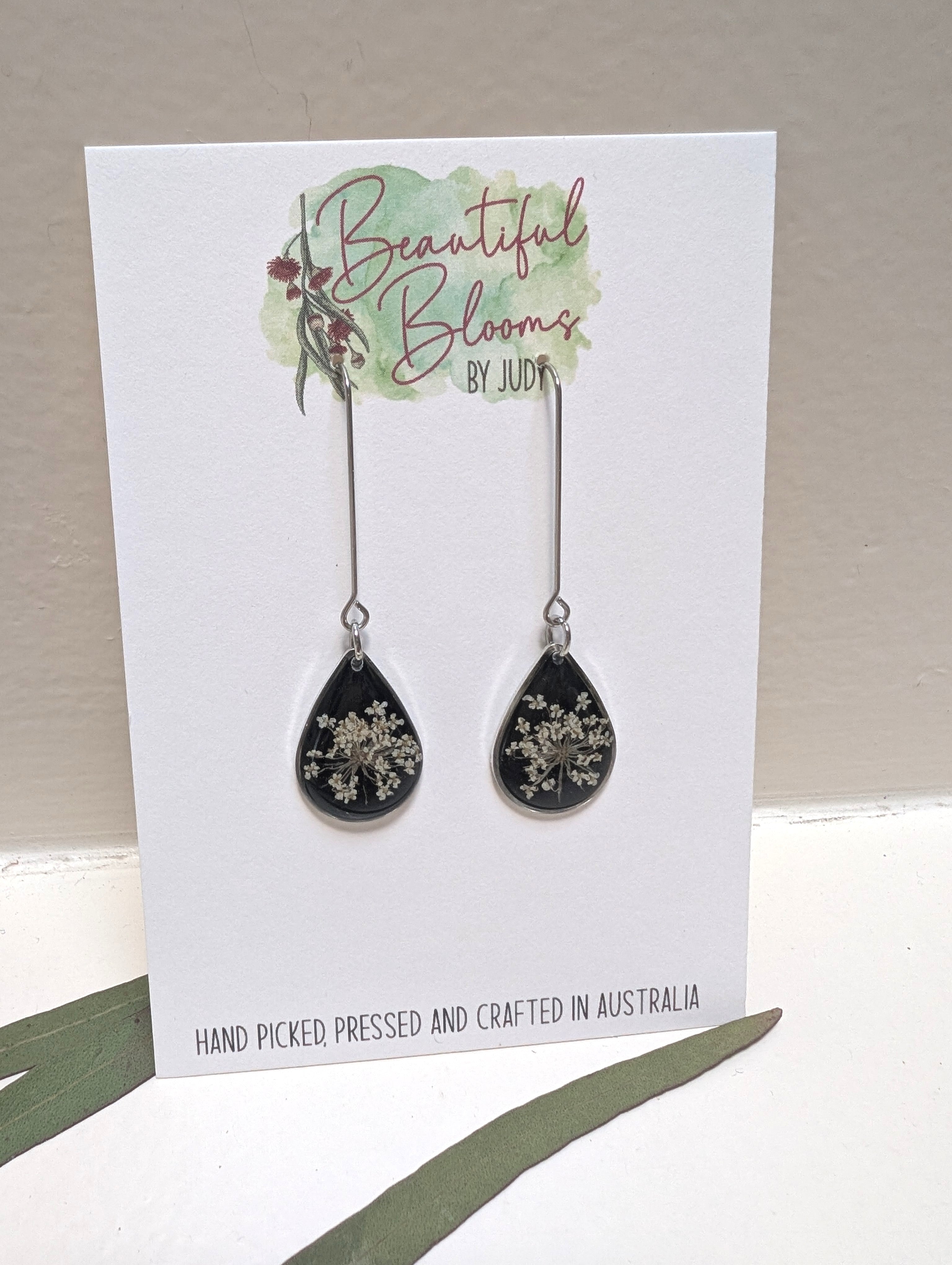 Long black teardrop earrings, Queen Anne's Lace