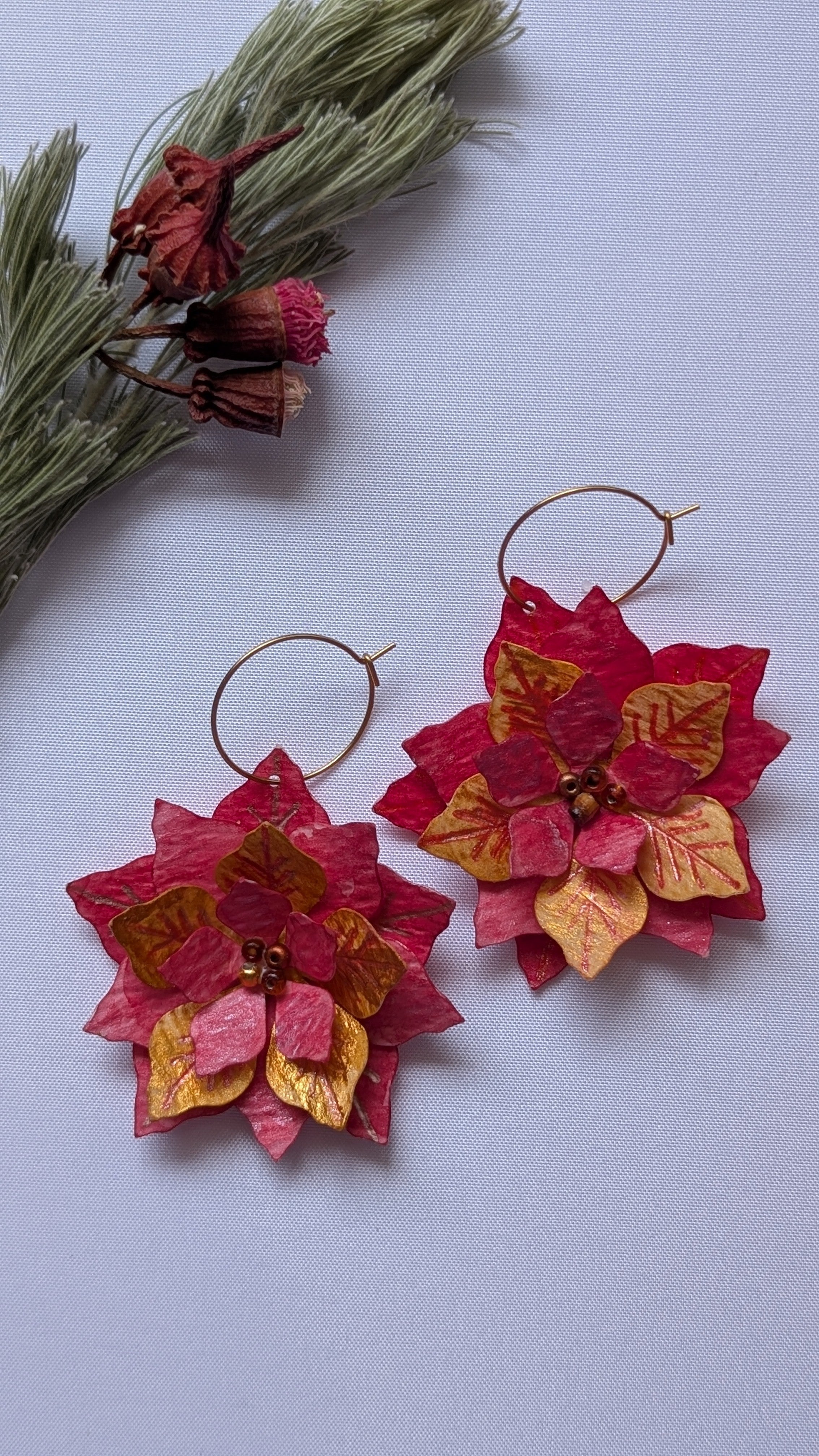 Handmade Watercolour Eco Friendly Christmas Earrings – Poinsettia