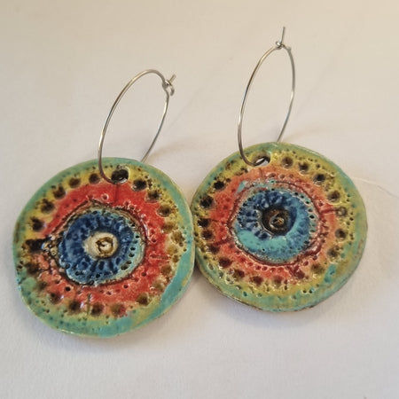 Handmade Stoneware Ceramic Earrings, blue-orange-green multi-coloured, 35mm diameter, pierced ears