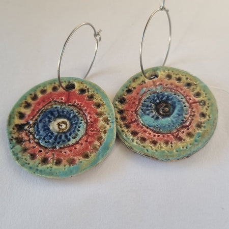 Handmade Stoneware Ceramic Earrings, blue-orange-green multi-coloured, 35mm diameter, pierced ears