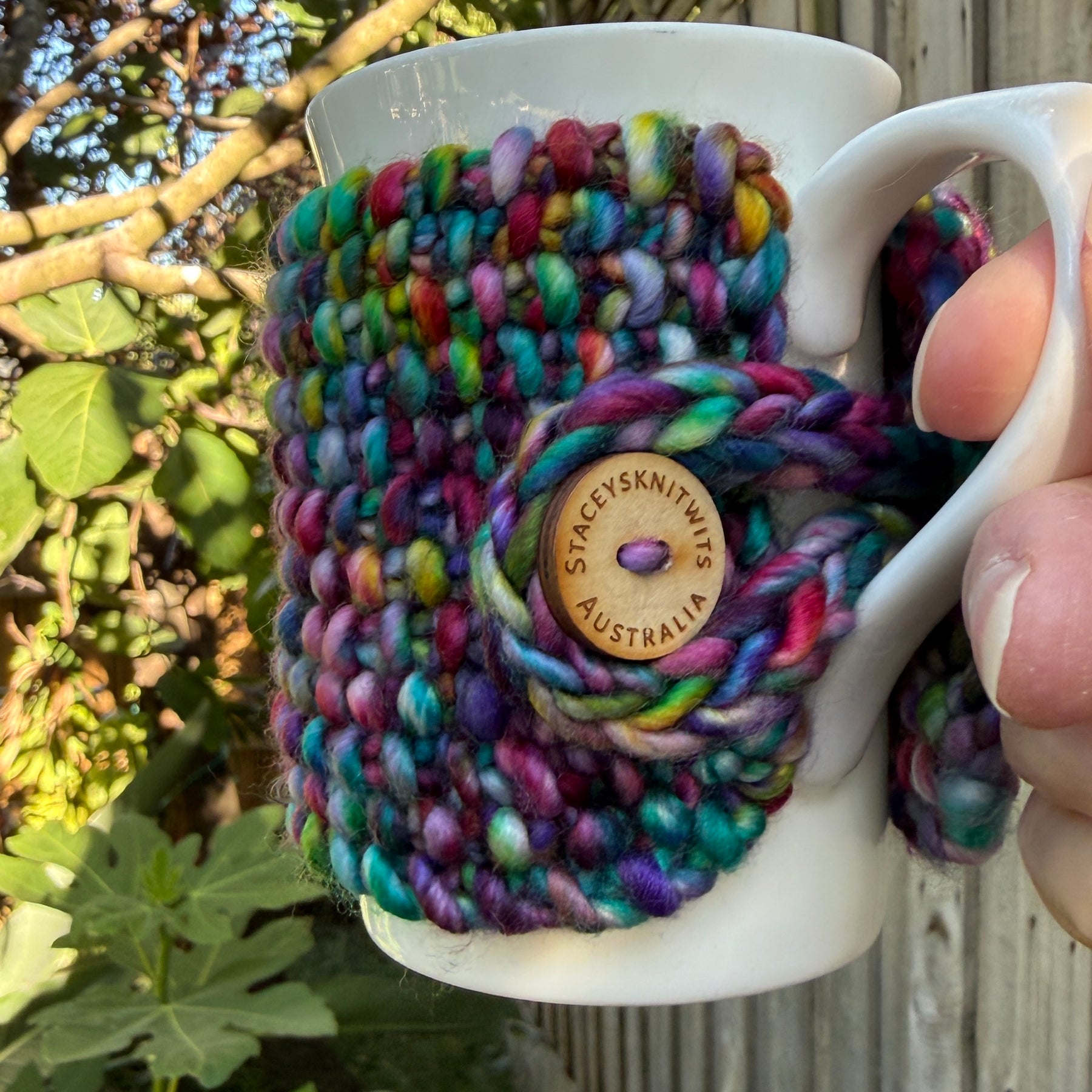 Hand Knitted Rainbow Coffee Cup Cozy, Merino Cup Cosy