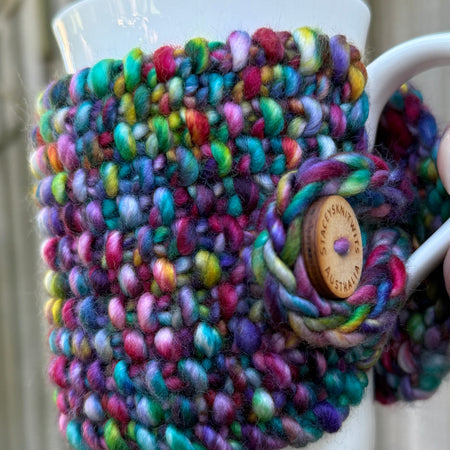 Hand Knitted Rainbow Coffee Cup Cozy, Merino Cup Cosy