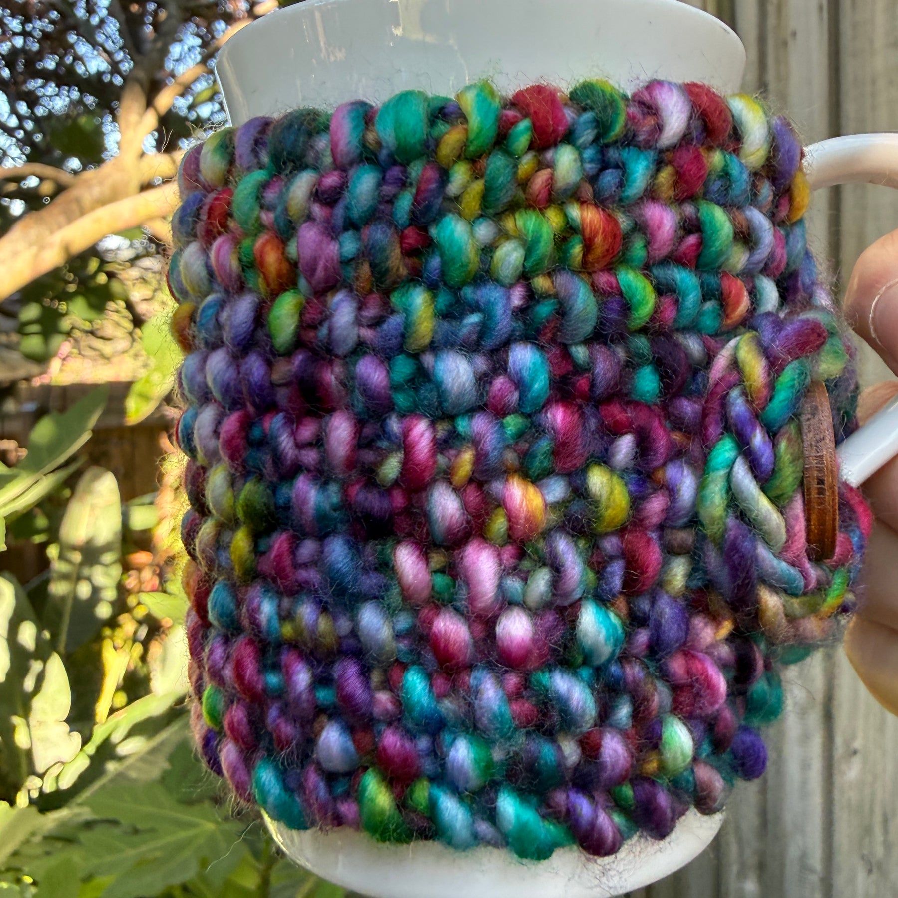 Hand Knitted Rainbow Coffee Cup Cozy, Merino Cup Cosy