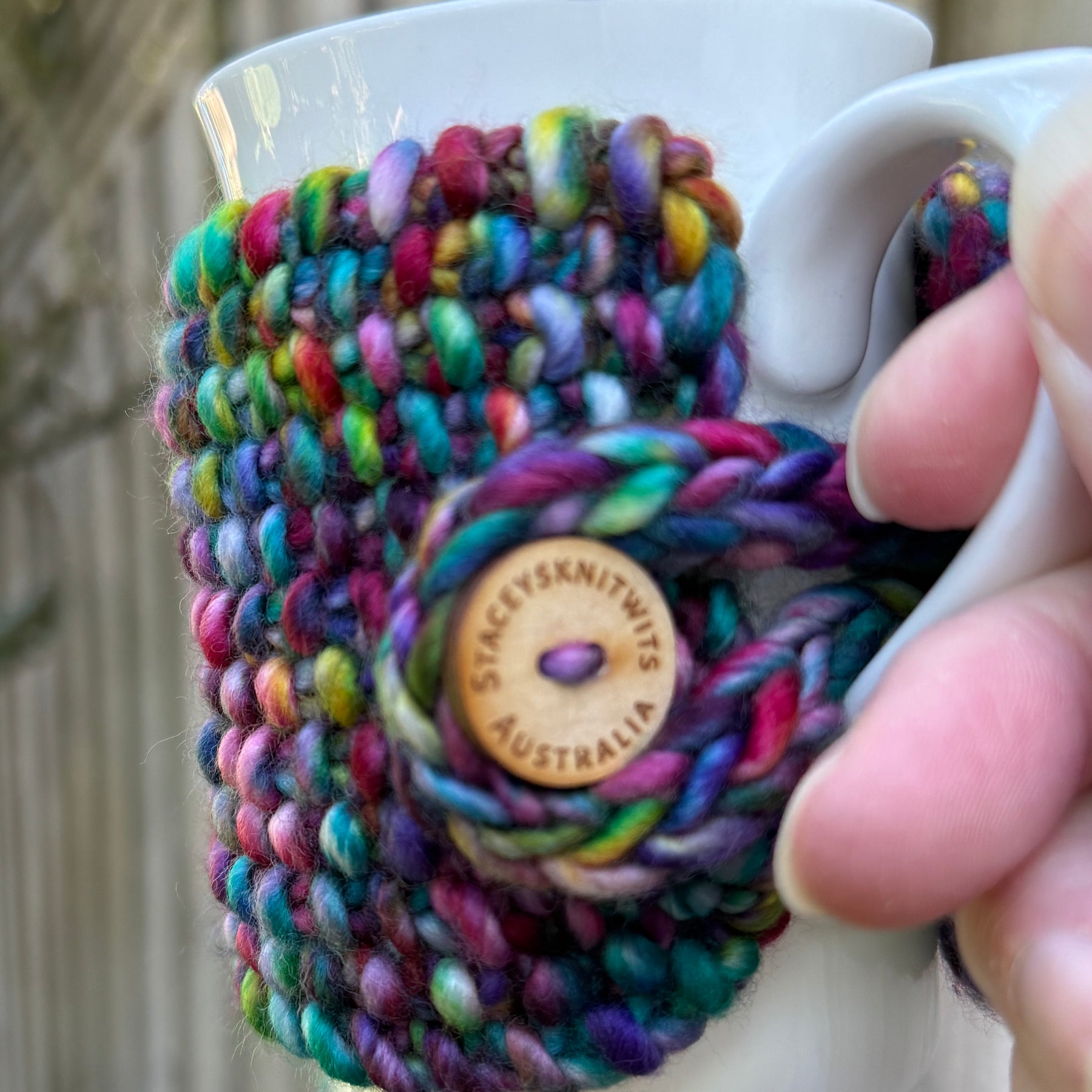 Hand Knitted Rainbow Coffee Cup Cozy, Merino Cup Cosy