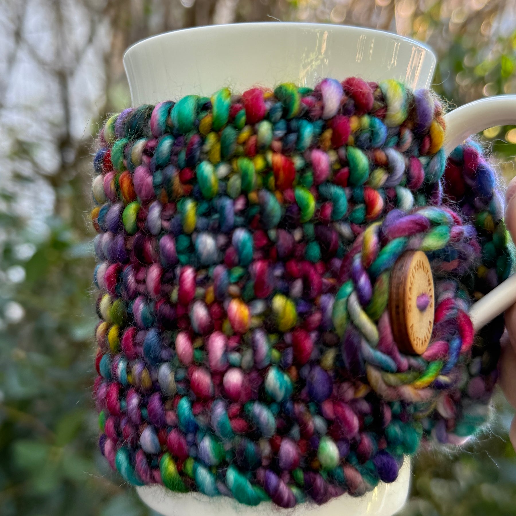 Hand Knitted Rainbow Coffee Cup Cozy, Merino Cup Cosy