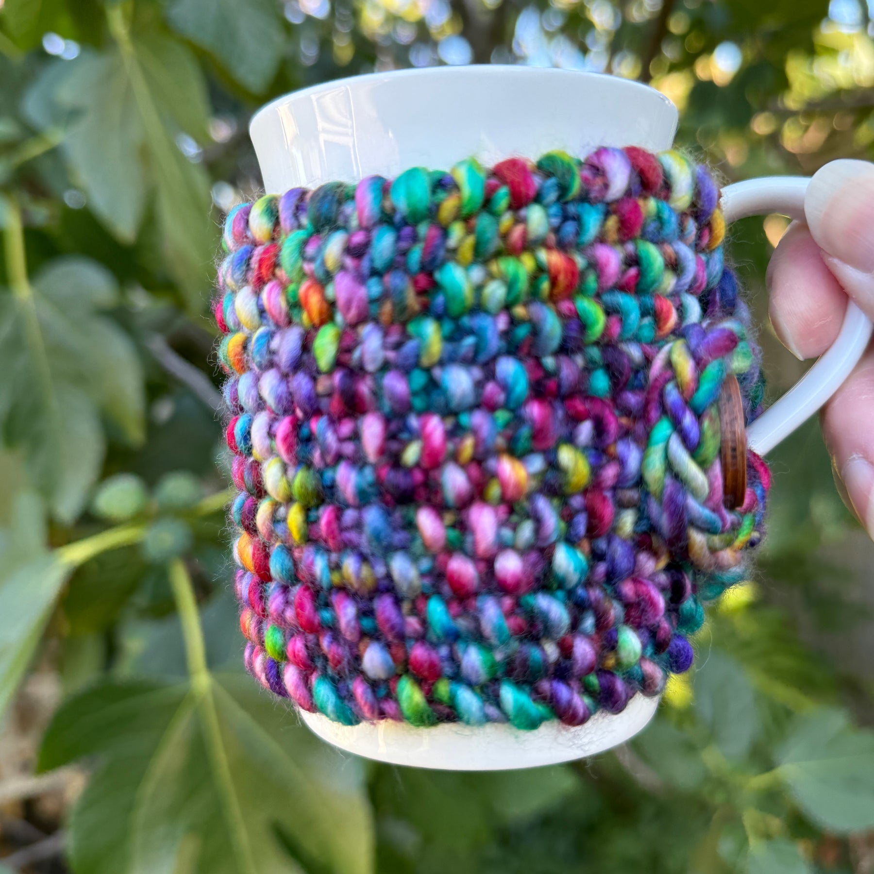 Hand Knitted Rainbow Coffee Cup Cozy, Merino Cup Cosy