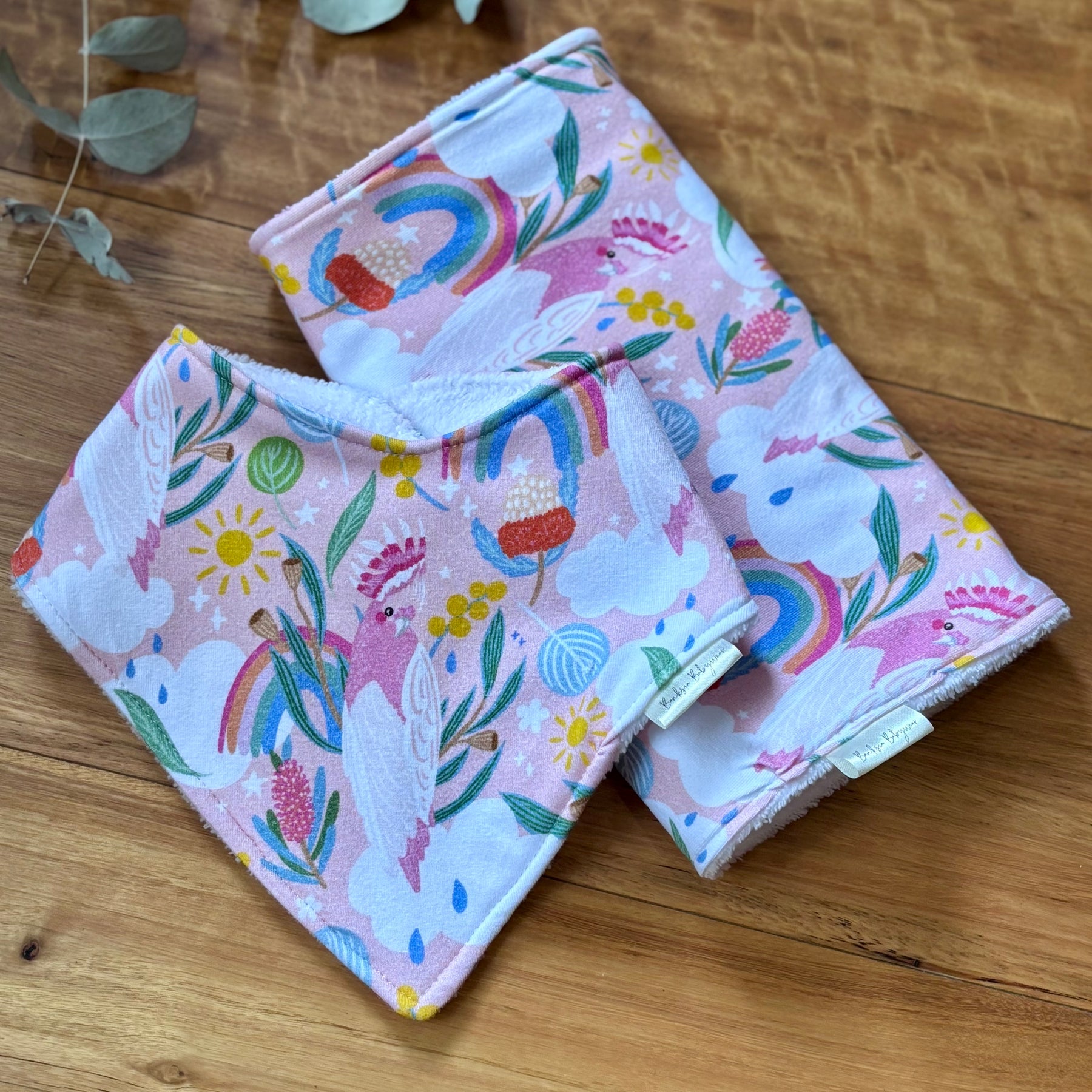 Baby Bib and Burp Cloth Set | Pink Cockatoo | Made to Order