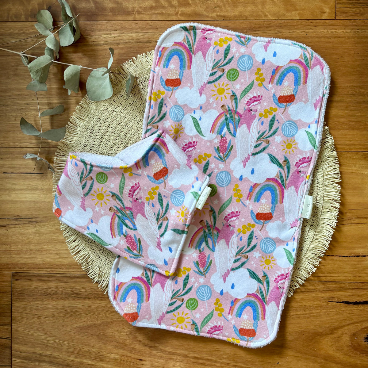 Baby Bib and Burp Cloth Set | Pink Cockatoo | Made to Order