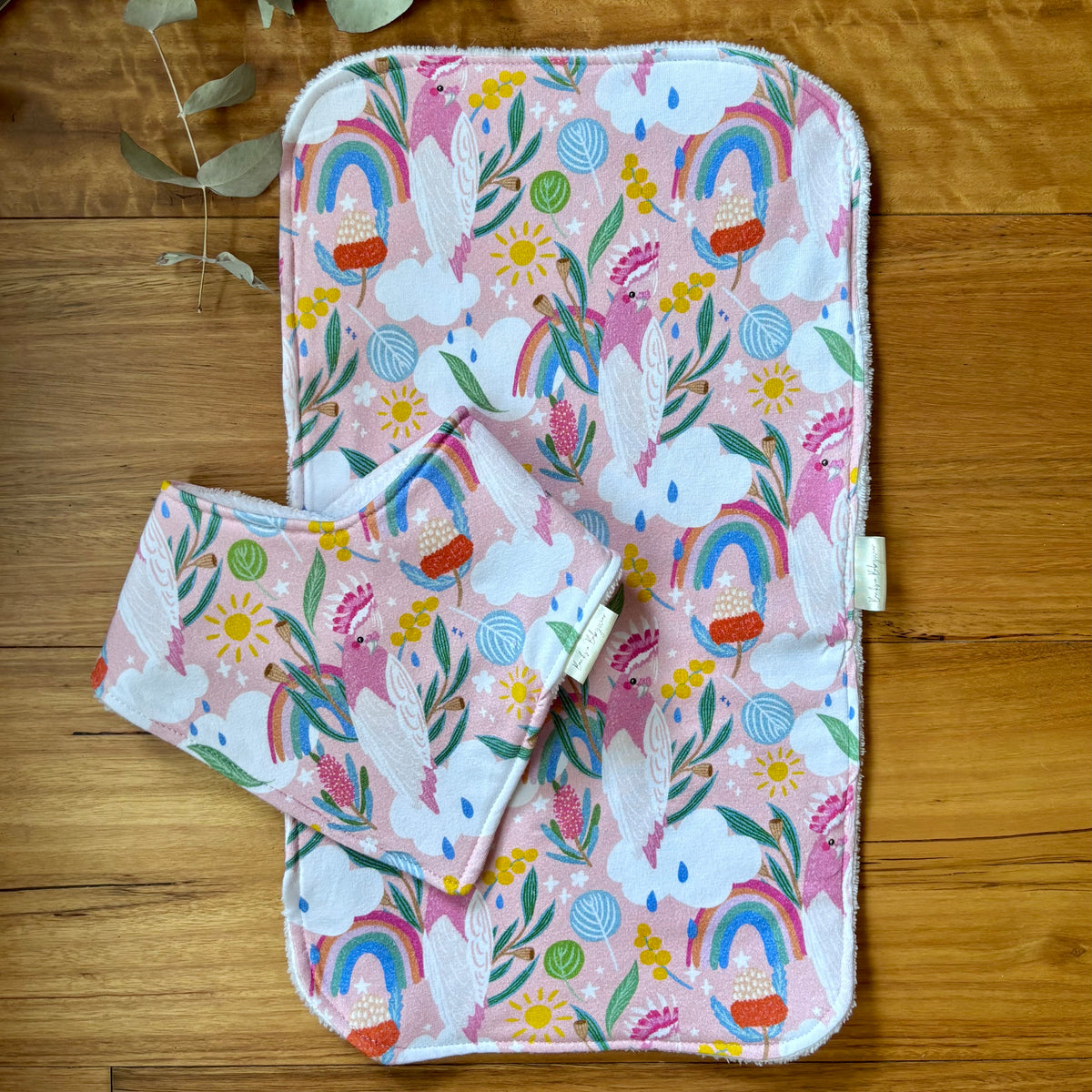 Baby Bib and Burp Cloth Set | Pink Cockatoo | Made to Order