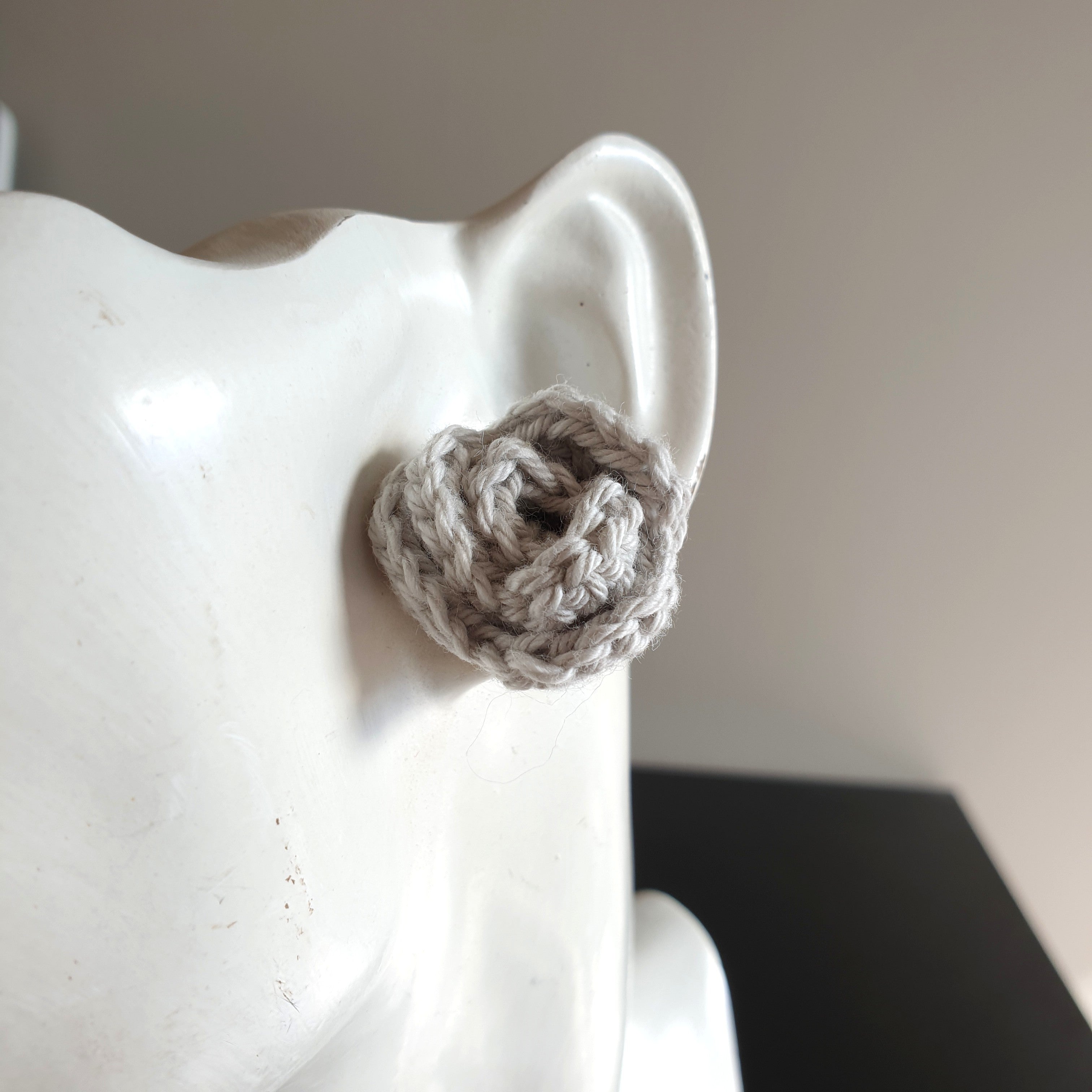 Small Hand Knitted Small Crochet Rose Flower Stud earrings : Blue White Gray