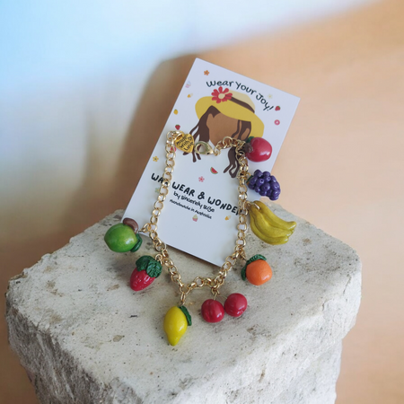 Charm Bracelet - Fruit Fiesta, 14K Gold Plated Chain & Clasp