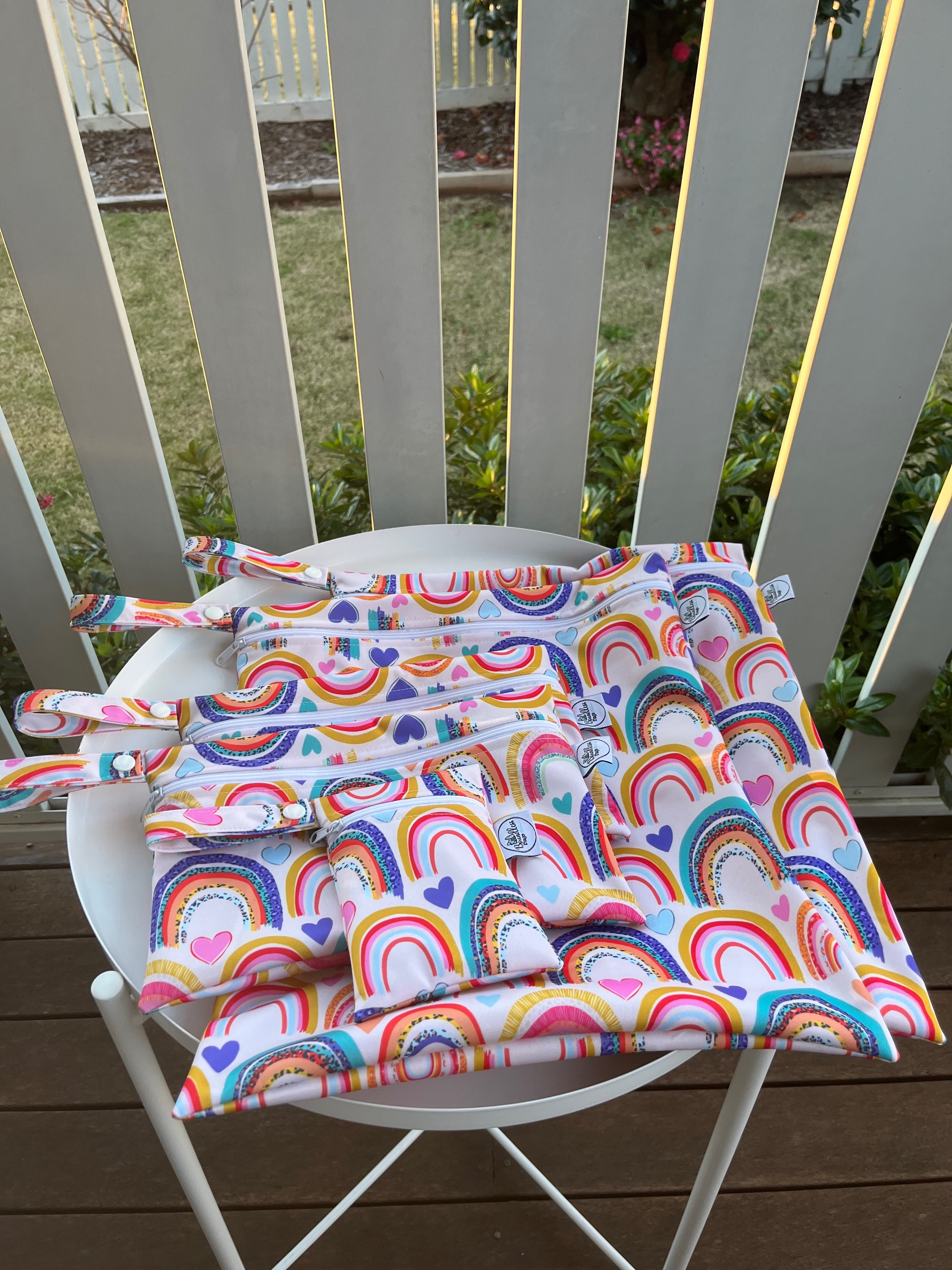 READY MADE Water-resistant wet bags - Rainbows with Hearts and Leopard (Kate Hennessy Design)