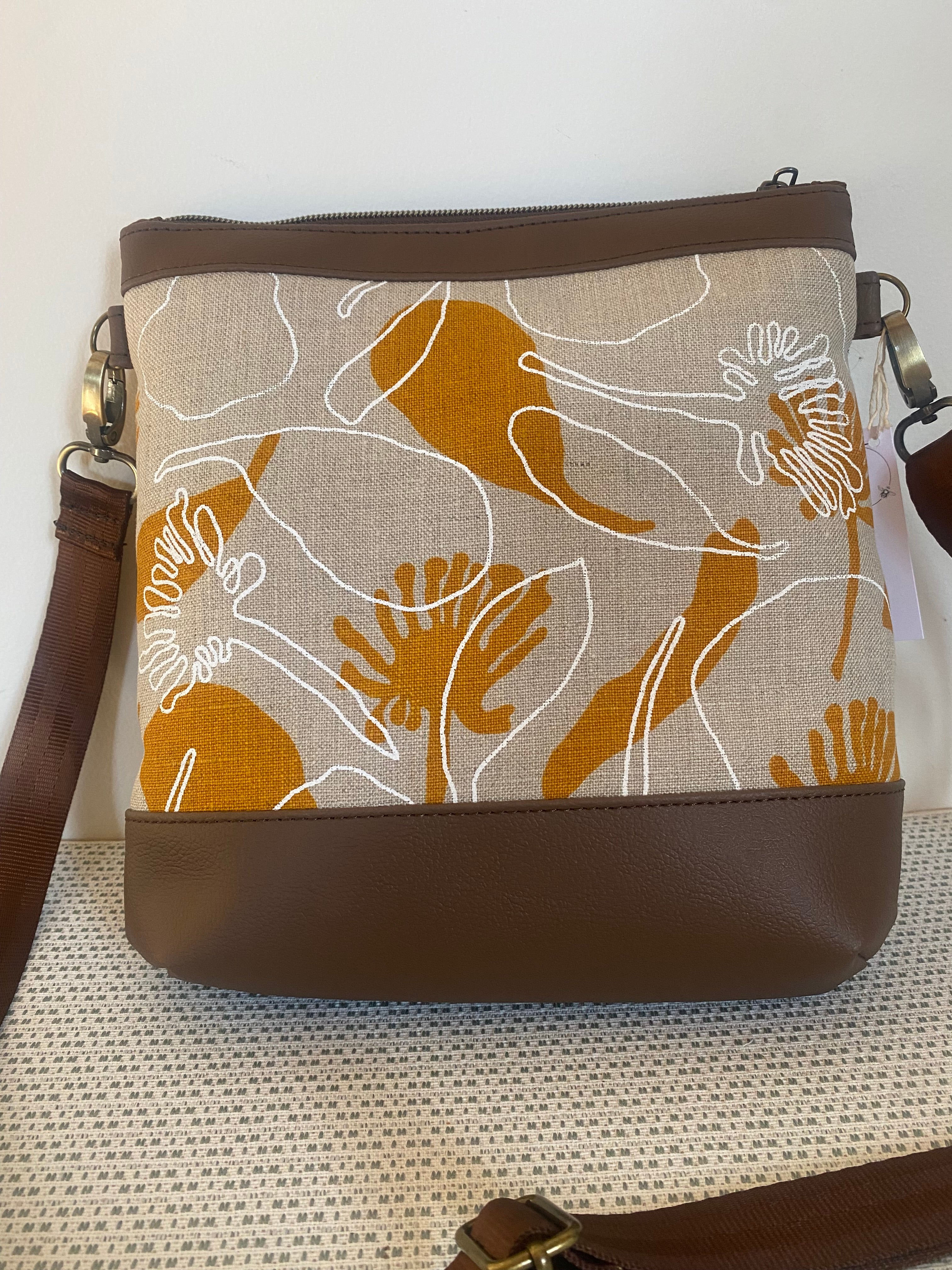 Mia Crossbody Bag - Yellow Seed Pods Screen Printed Linen with Dark Brown Faux Leather