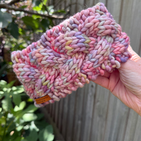 Hand Knitted Merino Cable Headband, Pink Rainbow Ladies Earwarmers