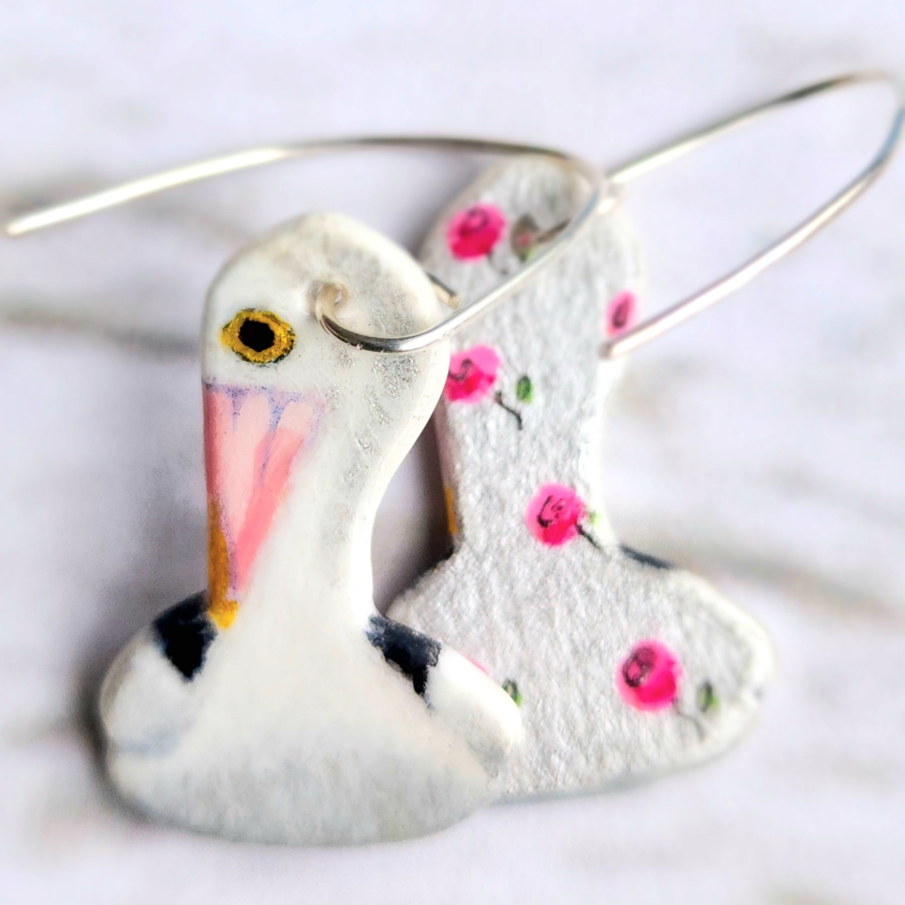 Pelican earrings in silver, Australian pelican hand-carved, hand-painted
