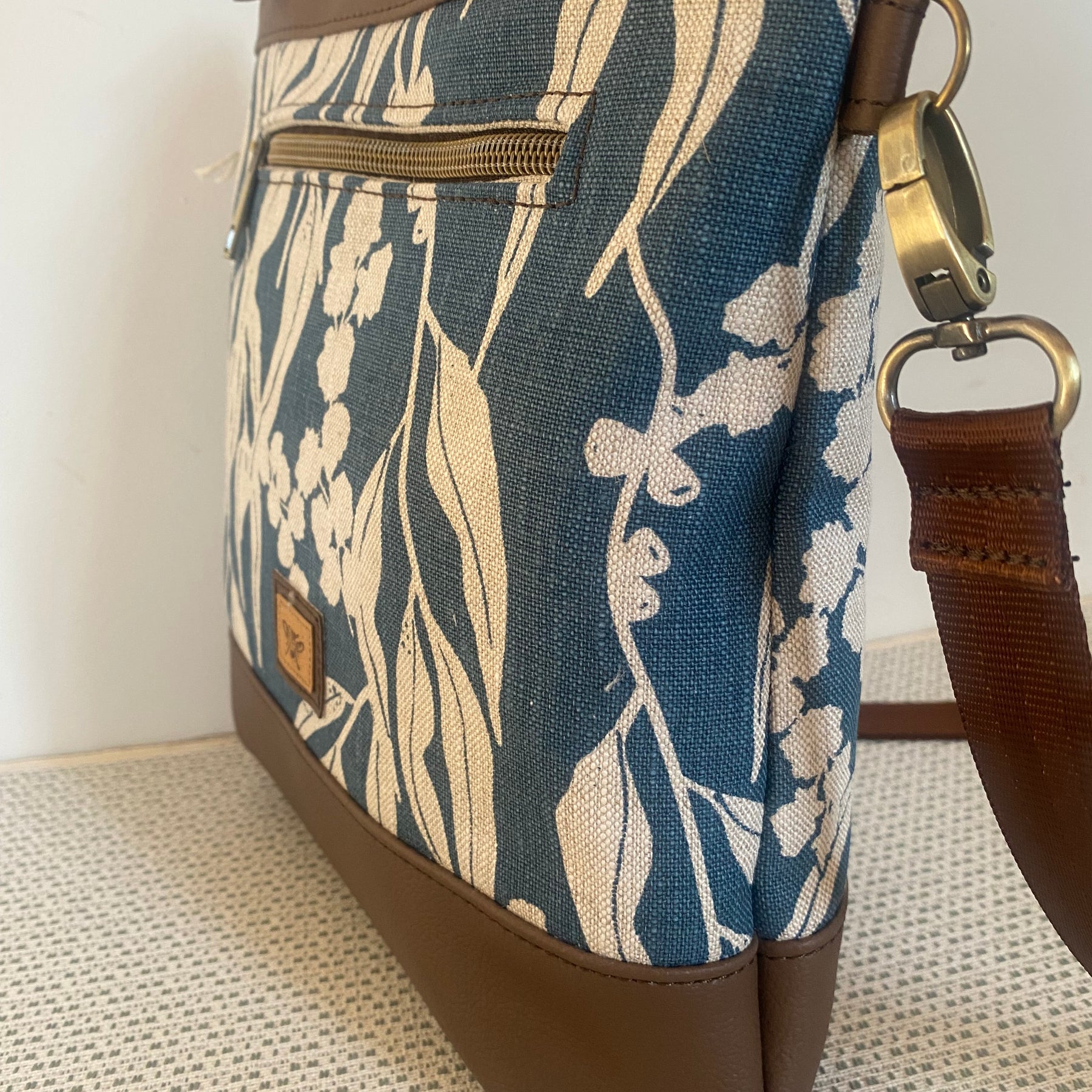 Mia Crossbody Bag - Blue Gum Leaves Screen Printed Linen with Dark Brown Faux Leather