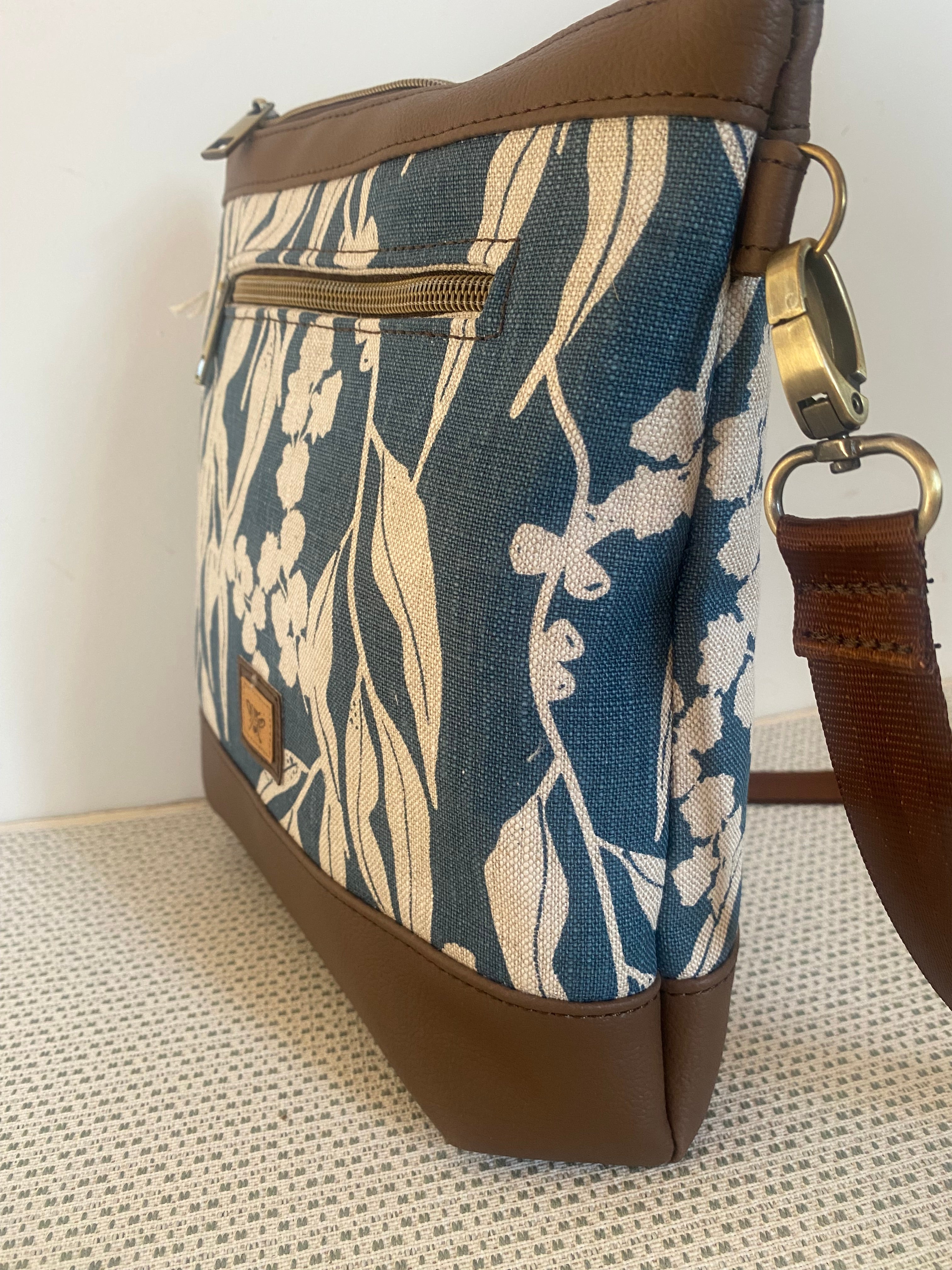 Mia Crossbody Bag - Blue Gum Leaves Screen Printed Linen with Dark Brown Faux Leather