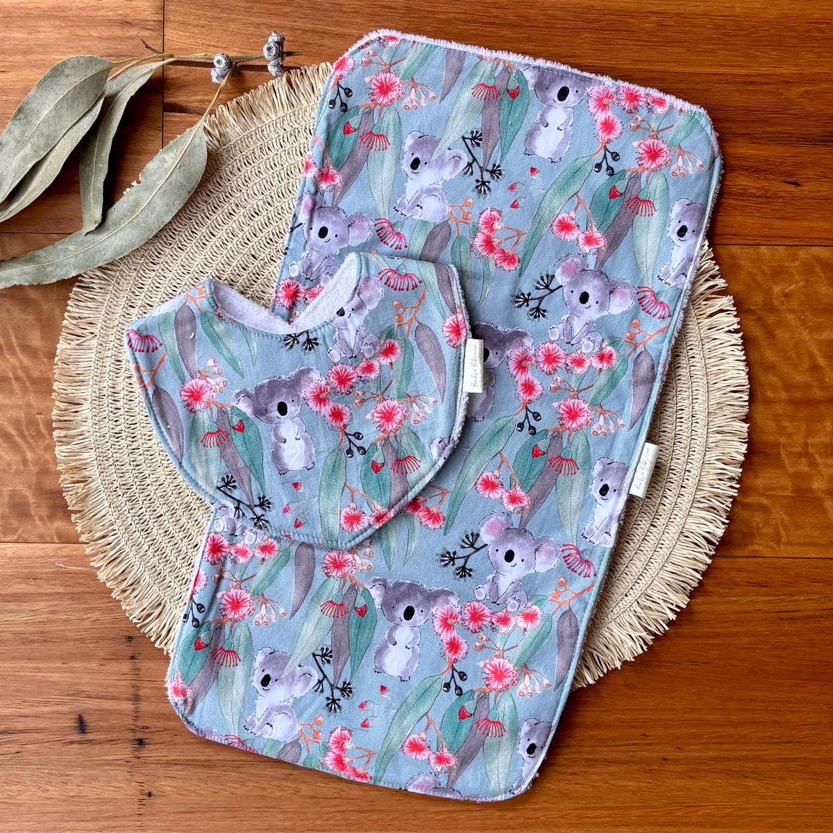 Baby Bib and Burp Cloth Set | Gumleaf Koalas | Ready to Ship