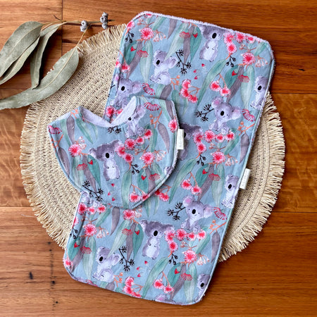Baby Bib and Burp Cloth Set | Gumleaf Koalas | Ready to Ship