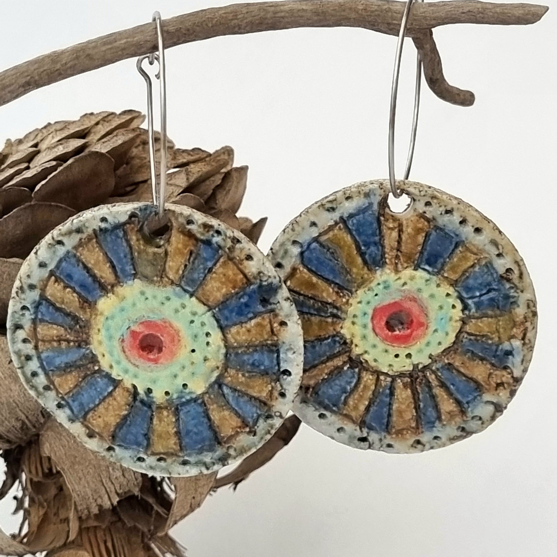 Handmade Stoneware Ceramic Earrings,green-blue-mustard-red multi-coloured, 35mm diameter, pierced ears