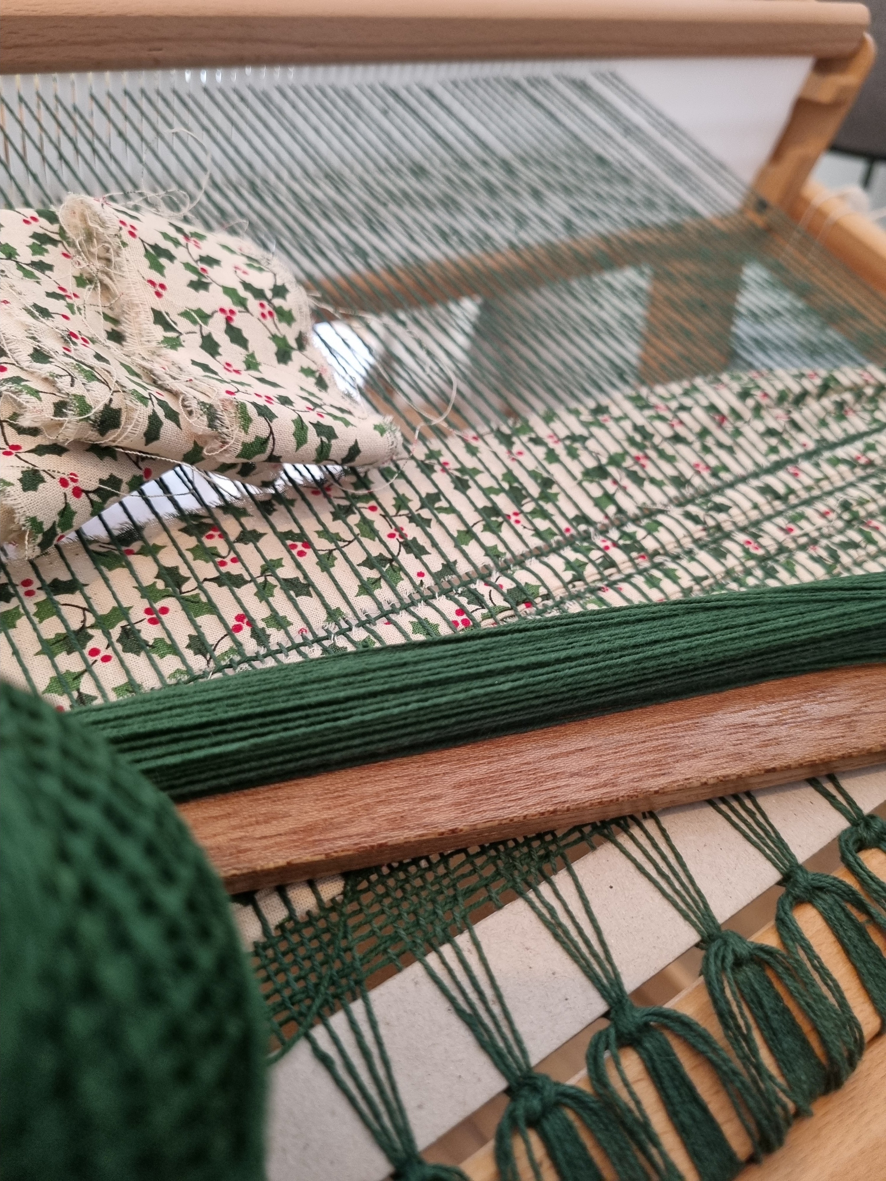 Handwoven Christmas fabric table runner holly print