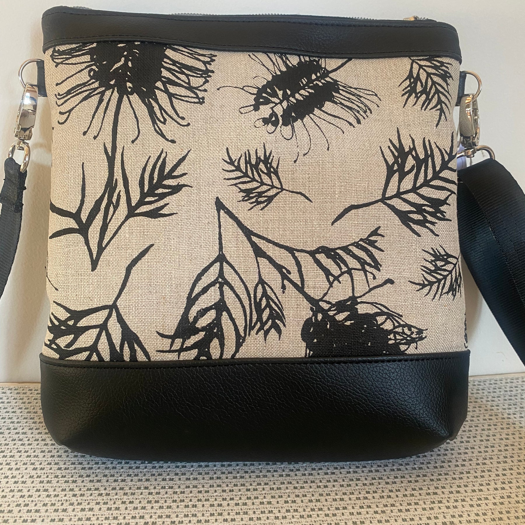 Mia Crossbody Bag - Black Grevilleas Screen Printed Linen with Black Faux Leather