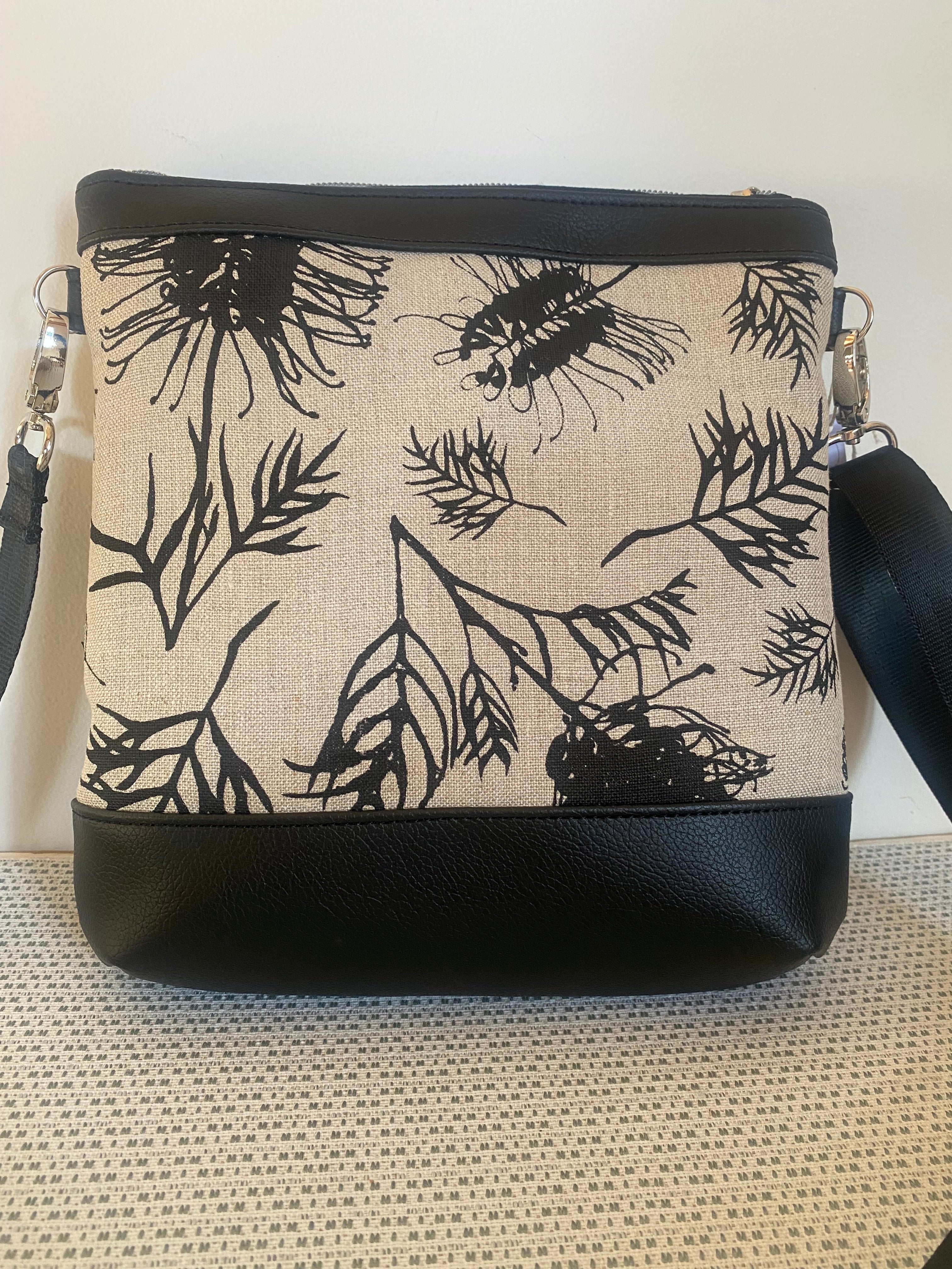 Mia Crossbody Bag - Black Grevilleas Screen Printed Linen with Black Faux Leather
