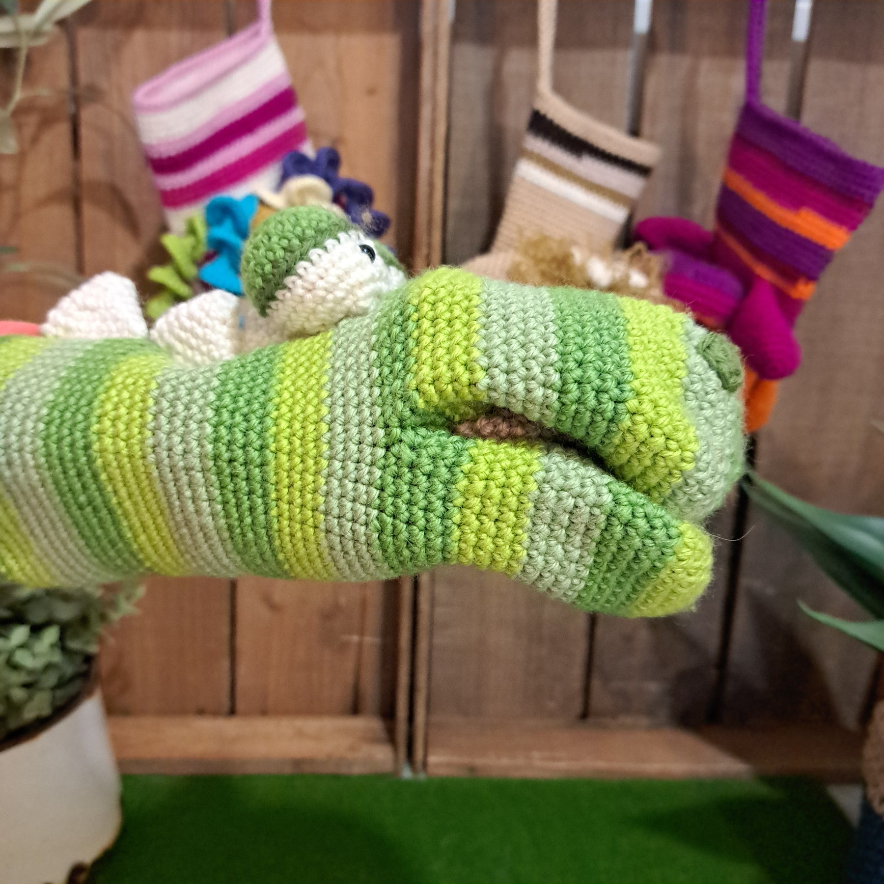Handmade Crochet hand puppet crocodile green Australian wool