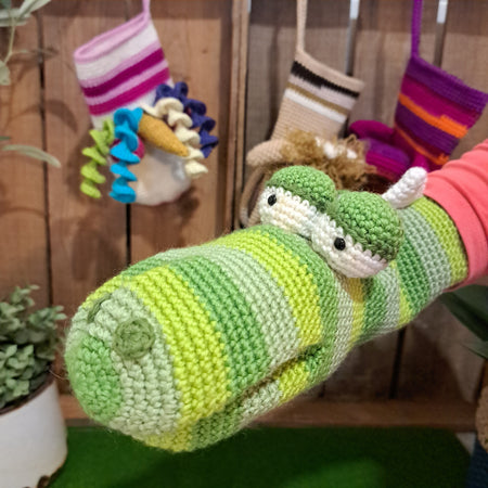 Handmade Crochet hand puppet crocodile green Australian wool
