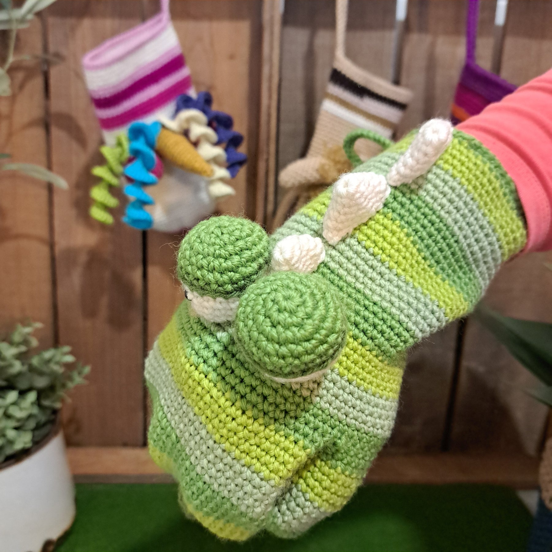 Handmade Crochet hand puppet crocodile green Australian wool