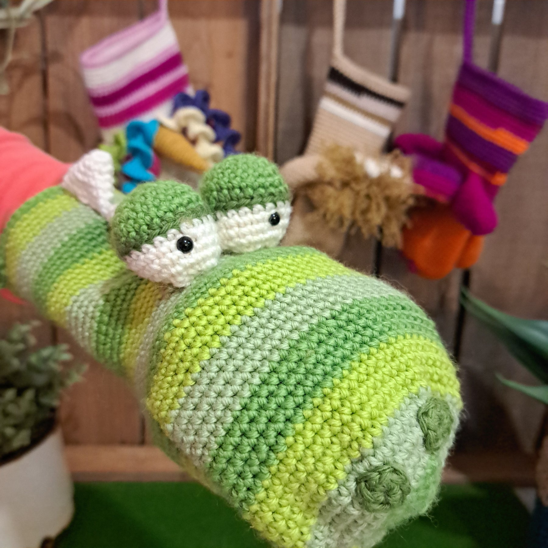 Handmade Crochet hand puppet crocodile green Australian wool