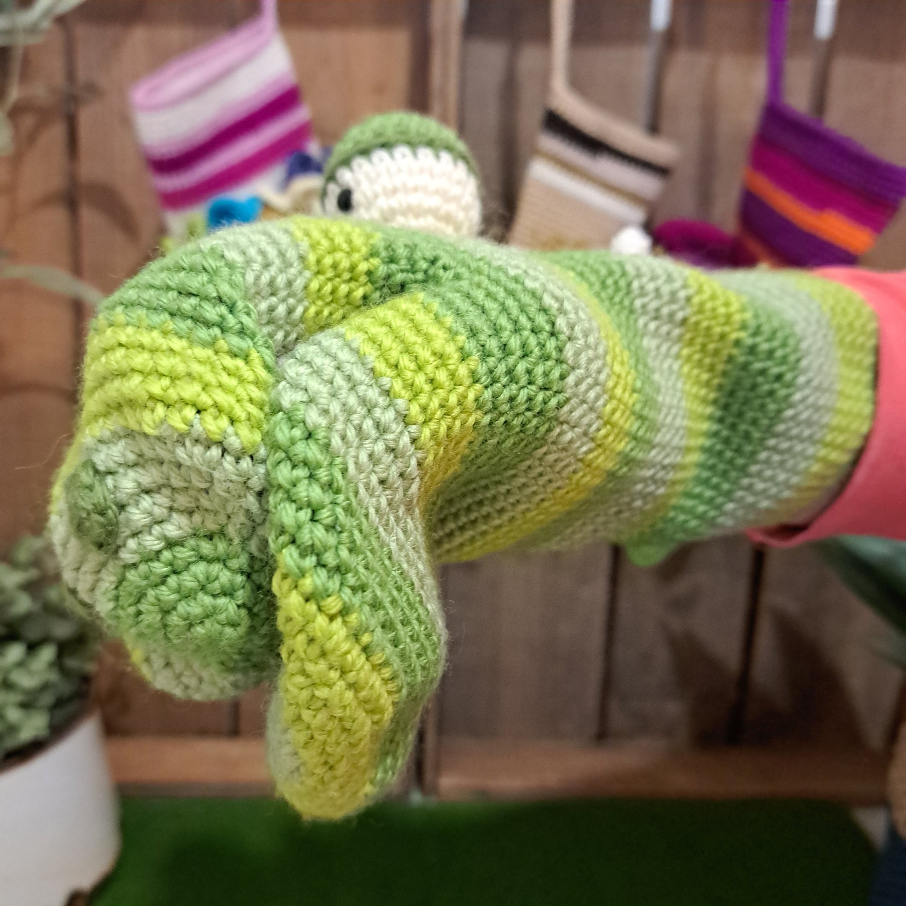 Handmade Crochet hand puppet crocodile green Australian wool