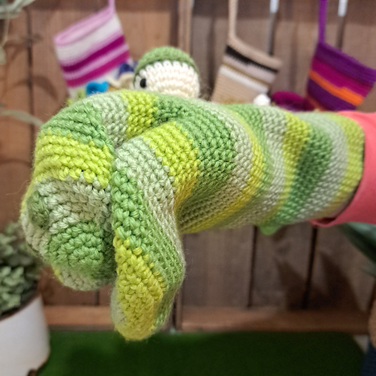 Handmade Crochet hand puppet crocodile green Australian wool