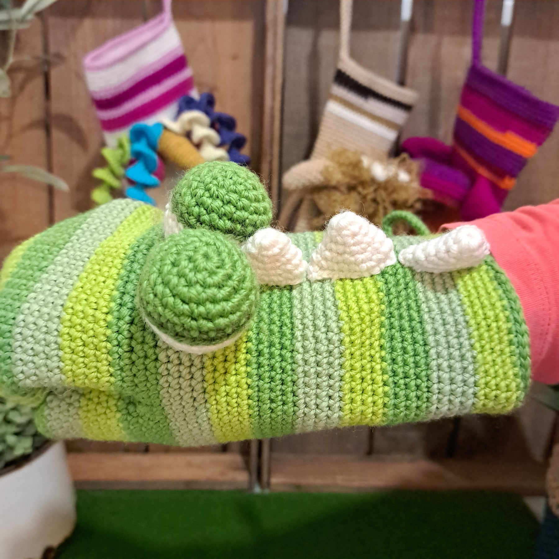 Handmade Crochet hand puppet crocodile green Australian wool