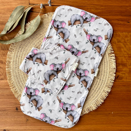 Baby Bib and Burp Cloth Set | Sleepy Koalas | Ready to Ship