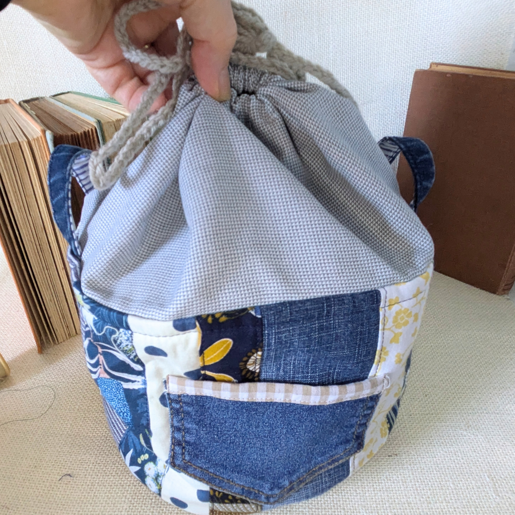 Project Bag Upcycled Denim, Craft Storage, Large, Yellow & Navy