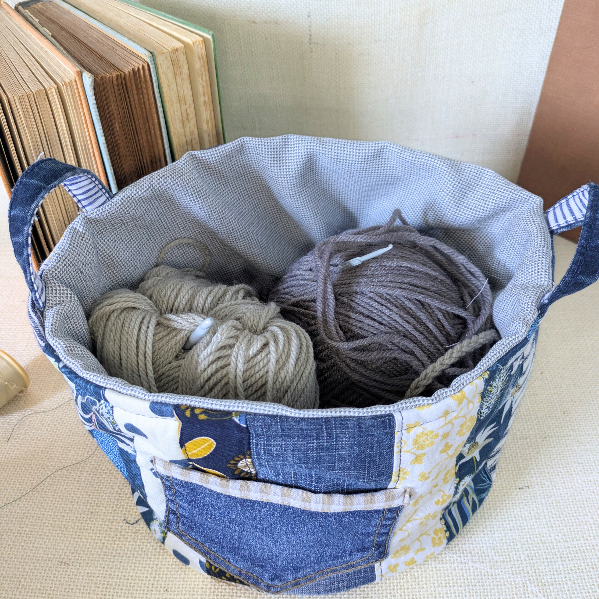 Project Bag Upcycled Denim, Craft Storage, Large, Yellow & Navy