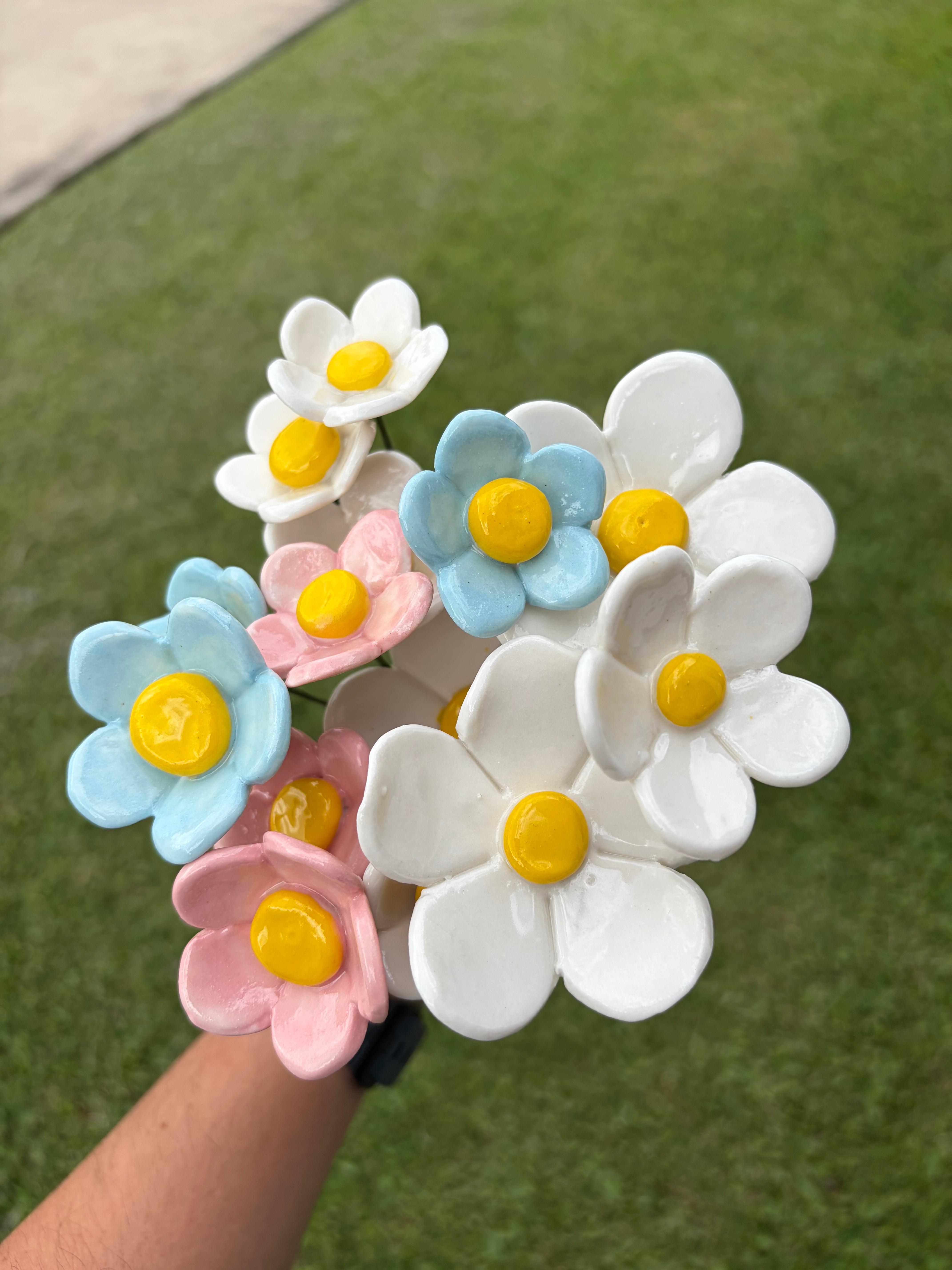 Ceramic flowers - pink, white and blue by the stem!