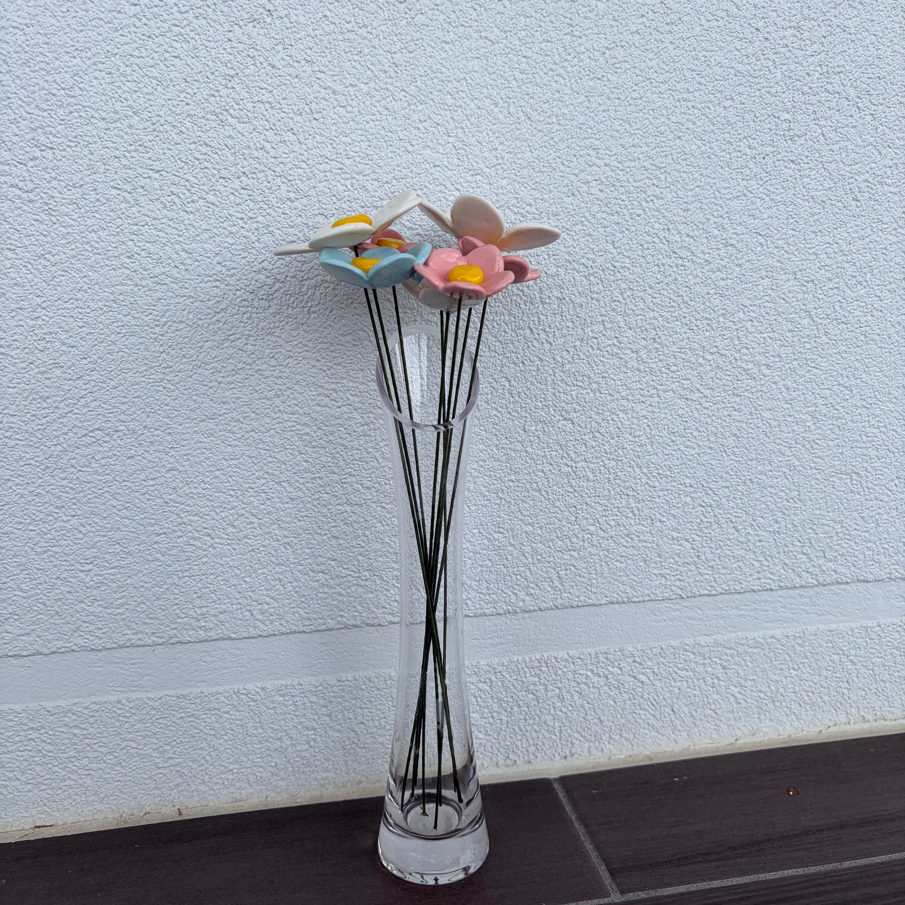 Ceramic flowers - pink, white and blue by the stem!