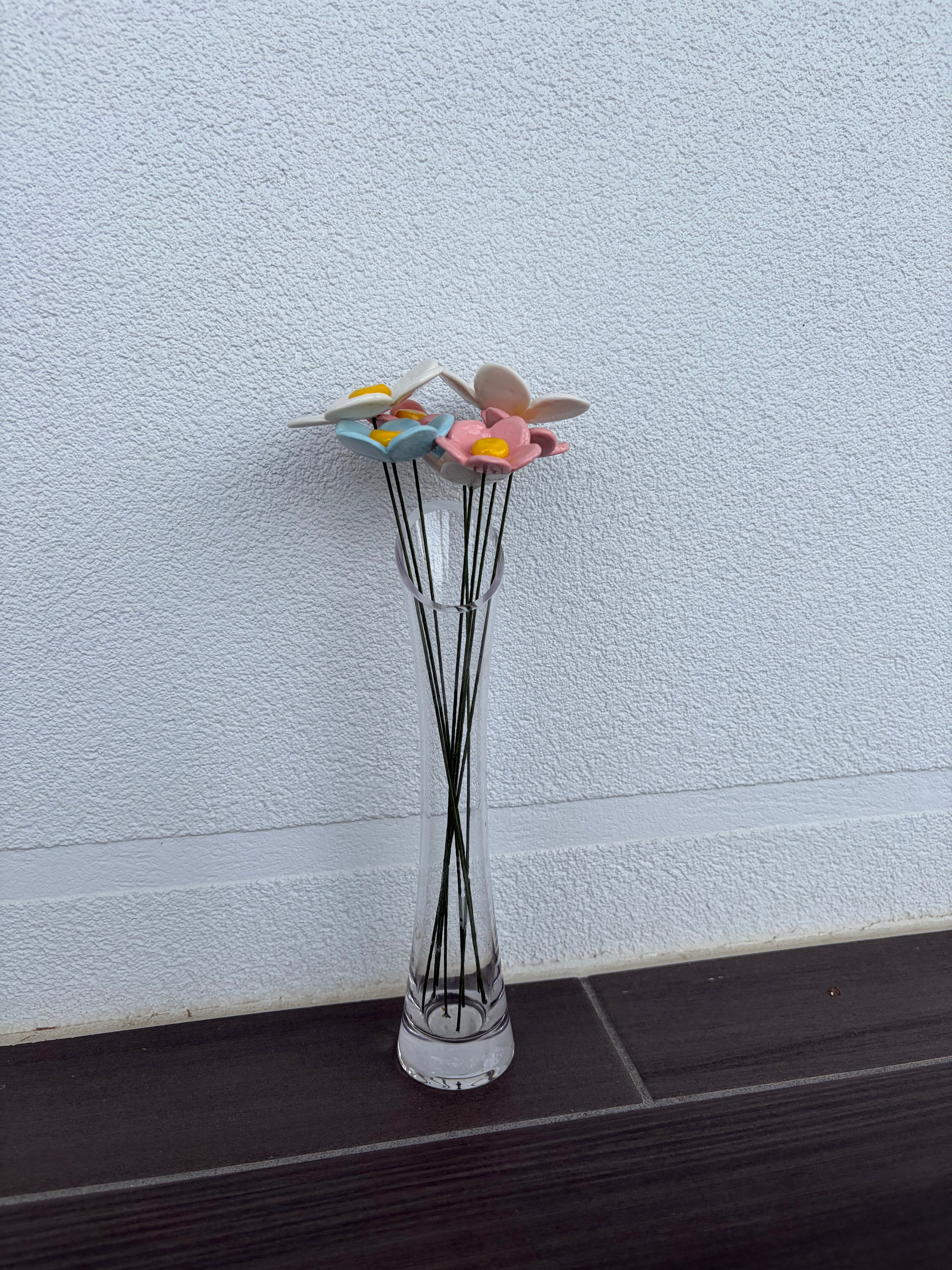 Ceramic flowers - pink, white and blue by the stem!
