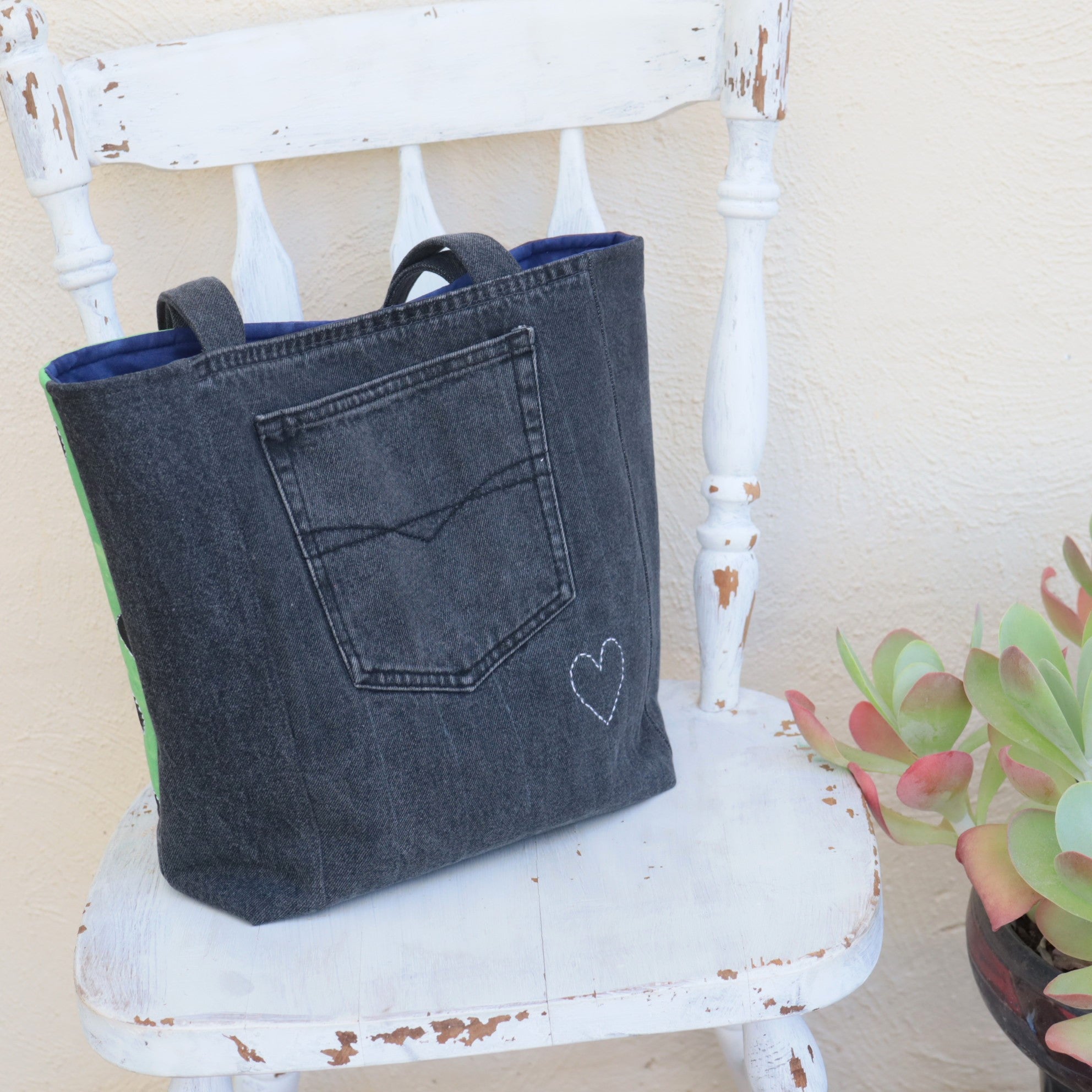 Tote Bag, Hand Dyed with upcycled denim and stenciled motifs