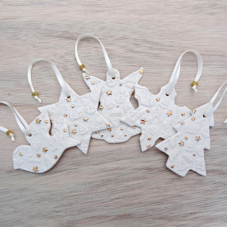 Set of 5 white ceramic Christmas decorations with gold detail. Christmas tree ornaments.