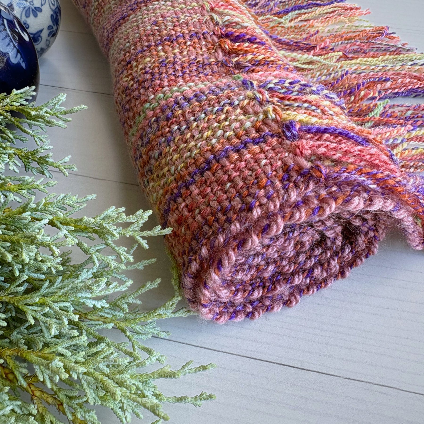 Handwoven scarf - handspun wool - rainbow/purple