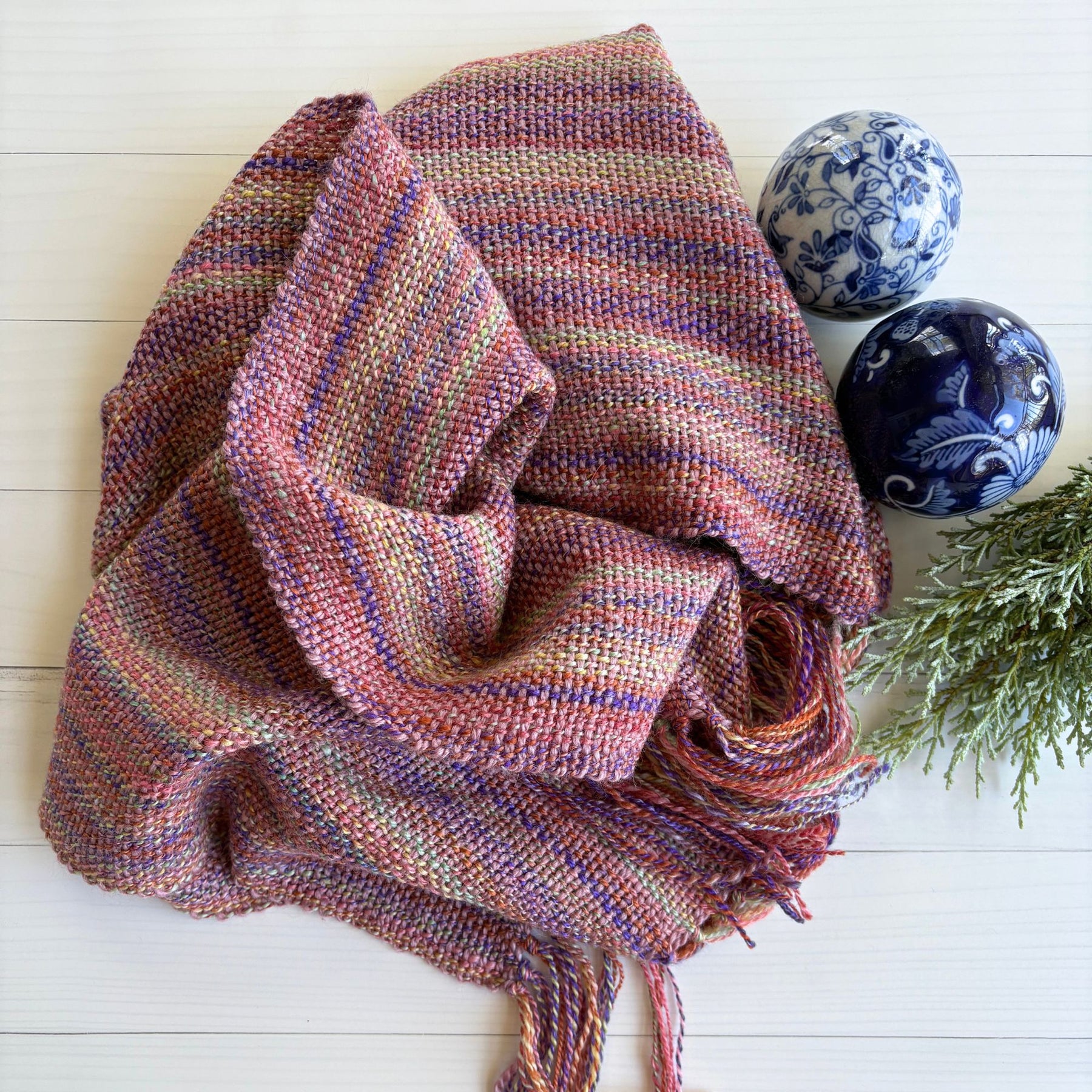 Handwoven scarf - handspun wool - rainbow/purple