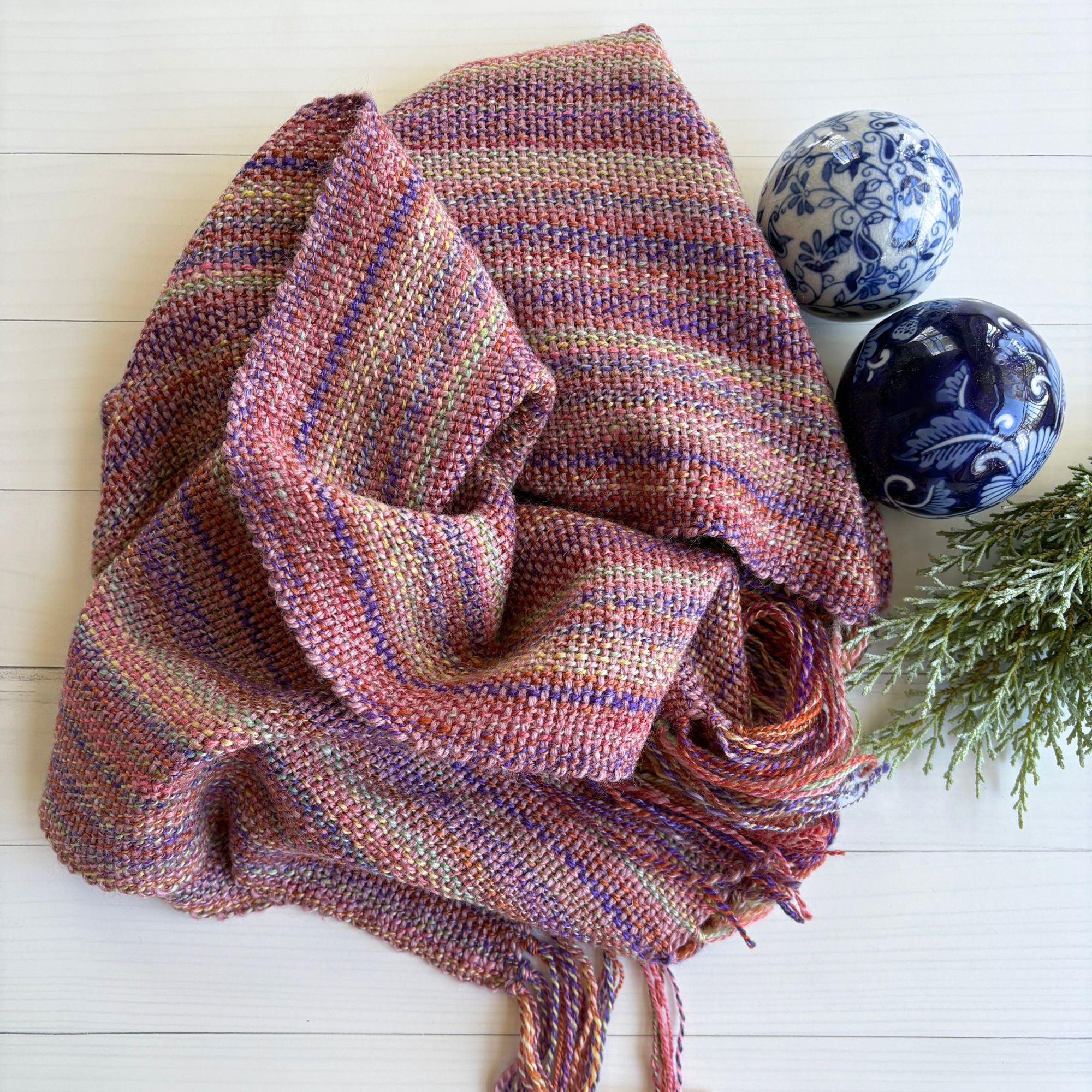 Handwoven scarf - handspun wool - rainbow/purple